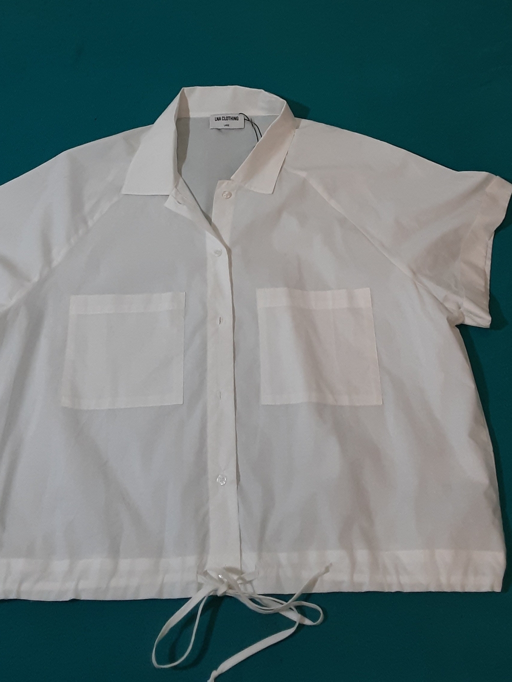 LNA Crisp White Cotton Short-Sleeve Button-Down Shirt with Patch Pockets